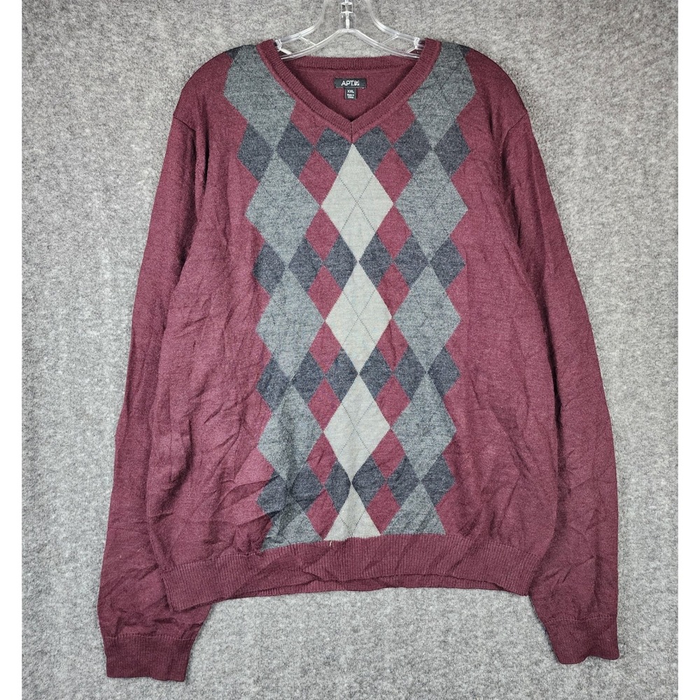 Apt 9 Sweater Mens XXL Burgundy Argyle Merino Wool Blend V-Neck Pullover